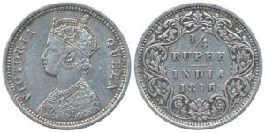 Victoria Queen, Silver ¼ Rupee, 1876, Calcutta Mint, A / I / No mint mark (Prid 380). Very