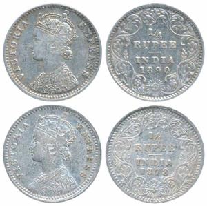 Victoria Empress, Silver ¼ Rupee, 1878, Calcutta Mint, C / II, No mint mark, (Prid 383); 1