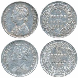 Victoria Empress, Silver ¼ Rupee, 1883, Bombay Mint, C / II / dot, (Prid 415A); 1897, Calc