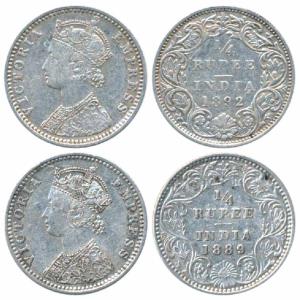Victoria Empress, Silver ¼ Rupee, 1889, Bombay Mint, C / II / B incuse (Prid 423); 1892, B