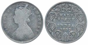 Victoria Empress, Silver ½ Rupee, 1892, Calcutta Mint, A / I / C incuse (Prid 276). Fine.