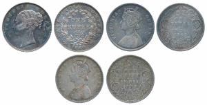 Assorted lot, Victoria Queen, Silver Rupee, continuous legend, 1840; Silver Rupee (2), 186