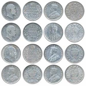 Silver 2 Annas, Edward VII, (3) 1904, 1907, 1910; George V, 1917(5). Fine to Very Fine. (8