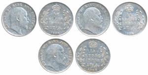 Edward VII, Silver ¼ Rupee, 1906 & 1908 Calcutta Mint; 1910, Bombay Mint. Very Fine+ to Ex