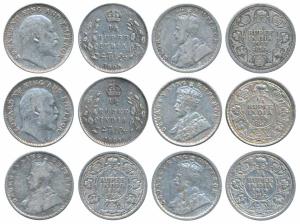 Edward VII, Silver ¼ Rupee (2), 1905, 1907; George V, Silver Rupee (4) 1914, 1917, 1918, 1
