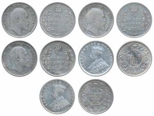 Edward VII, Silver ¼ Rupee (3), 1905, 1907 (2); George V, Silver ¼ Rupee (2) 1914, 1918. F