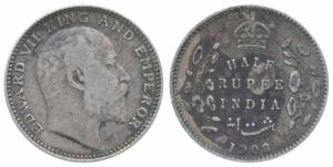 Edward VII, Silver ½ Rupee, 1908, Calcutta Mint, No mint mark, (Prid 312). Very Fine.