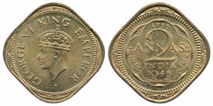 George VI, Nickel-Brass 2 Annas, 1945, Bombay Mint, 2nd head (Prid 909). Uncirculated, Rar