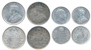 Edward VII, Silver 2 Annas, 1910; George V, Silver 2 Annas, 1914; Silver ¼ Rupee (2), 1917