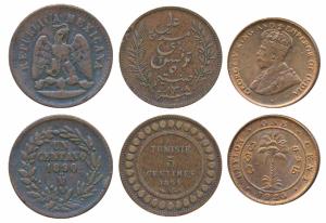 Ceylon, George V, Copper Cent, 4.7g, 1925 (KM 107); Mexico, Copper, 1 Centavo, 1890; Tunis