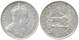 East Africa, Edward VII, Silver 25 Cents, 1906 (KM 3). Extremely Fine, Rare.