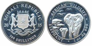 Somalia, Silver 100 Shillings, 31.1g, 2016, African Wildlife, Elephant. Uncirculated.
