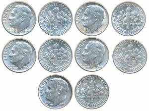 United States of America, Silver Dime (5), obv. bust of Roosevelt, 1959. About Uncirculate