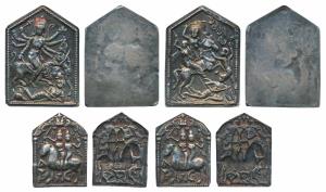 Silver Plaques (4), two big – Mahishasura Mardini; Khandoba and Mhalsa killing demons Mani