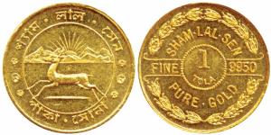 Tola coinage, Gold Tola, 11.65g, obv. Sham Lal Sen in Bengali, a deer running left, with a