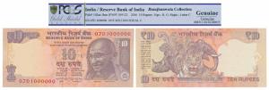 Rupee 10, 2016, signed Raghuram Rajan, fancy number 1000000. Graded by PCGS Genuine. Shri 