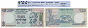 Rupee 100, 2013, signed D. Subbarao, fancy number 1000000. Graded by PCGS Genuine. Shri Ki