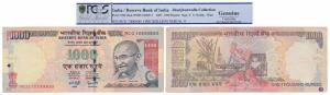 Rupee 1000, 2007, signed Y. V. Reddy, fancy number 1000000. Graded by PCGS Genuine. Shri K