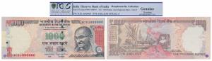 Rupee 1000, 2015, signed Raghuram Rajan, fancy number 1000000. Graded by PCGS Genuine. Shr