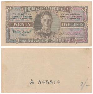 Ceylon, George VI, 25 Cents, 14th July 1942, Uniface (KM 44). About Very Fine.