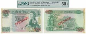 Mauritius, Elizabeth II, Specimen, Rupees 25, 1967 ND, green on multi colour underprint, S