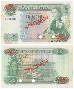 Mauritius, Elizabeth II, Specimen, Rupees 25, 1967 ND, green on multi colour underprint, S