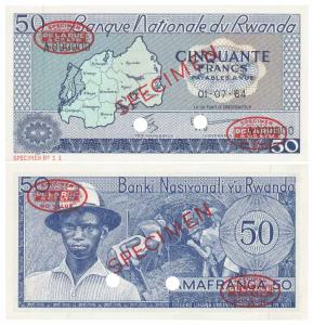 Rwanda, Bank of Rwanda, 50 Francs, SPECIMEN Delaru & Co. Ltd. overprint in red, with two c