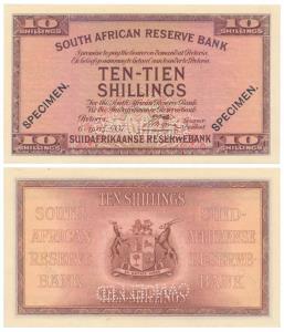 South Africa, 10 Shillings, Specimen in Black, 1928-47 issue, 6 April 1937, dark brown on 
