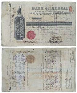 Bank of Bengal, eleven share of 5500 Rupees, December 1890 (dated on the front), with one 