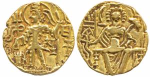 Kushanas, Shaka (c. 305-335 AD), Gold Dinar, 7.73g, obv. king nimbate standing left, holdi