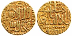 Akbar, Gold Mohur, 10.78g, Dar-ul-Sultanate Ahmedabad Mint, AH 986, Kalima type (KM 108.2)
