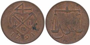 Copper 1 Pice / 4 Reas, 1791, obv. bale mark, rev. scales (Prid 129, KM 193). Very Fine+, 