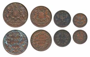 Copper ½, ¼ & 1/12 Anna 1835; Copper ½ Pice, 1853, obv. coat of arms of the EIC. About Ver