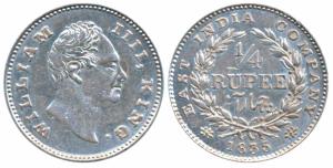 William IV, Silver ¼ Rupee, 1835, Calcutta Mint, F incuse, Wreath with 19 Berries (10L+9R)