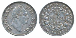 William IV, Silver ¼ Rupee, 1835, Calcutta Mint, Dug out F incuse, Wreath with 19 Berries 