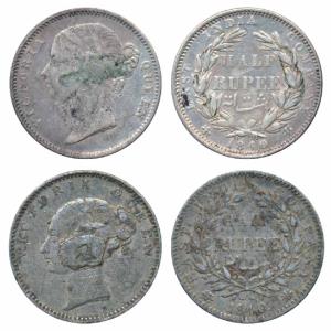 Victoria Queen, Silver ½ Rupee (2), 1840, continuous legend and divided legend. Ex-mount, 