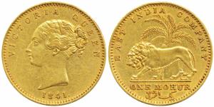 Victoria Queen, Gold Mohur, 11.66g, 1841, continuous legend, without initial on truncation