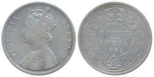 Victoria Queen, Silver Rupee, 1862, Bombay Mint, A / II / 0 / 11, (Prid 94). Fine+, Rare.