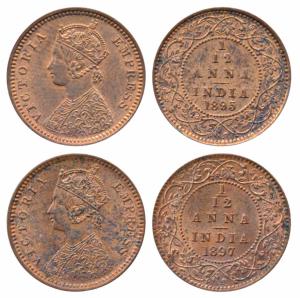 Victoria Empress, Copper 1/12 Anna, 1895 & 1897, Calcutta Mint (Prid 800 & 802). Uncircula