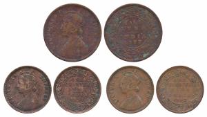 Victoria Queen & Empress, Copper ½ Anna 1877; Copper ¼ Anna, 1862 & 1877. Fine to About Ve