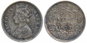 Victoria Queen, Silver 2 Annas, 1874, Bombay Mint, A / I / No mint mark, (Prid 516). A scr