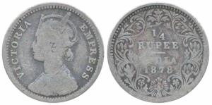 Victoria Empress, Silver ¼ Rupee, 1878, Calcutta Mint, C / II, No mint mark, (Prid 383). F