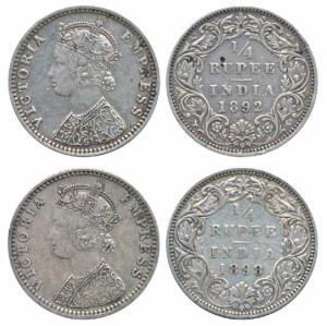 Victoria Empress, Silver ¼ Rupee (2), 1892, Bombay Mint, C / I / B incuse (Prid 427); 1898