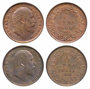 Edward VII, Copper 1/12 Anna, (2), 1905 & 1908, Calcutta Mint (Prid 820 & 824). Uncirculat