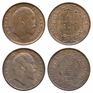Edward VII, Copper 1/12 Anna, (2), 1907 & 1908, Calcutta Mint (Prid 823 & 824). Uncirculat