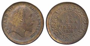 Edward VII, Copper 1/12 Anna, 1908, Calcutta Mint, Error slightly off-center (Prid 824). U