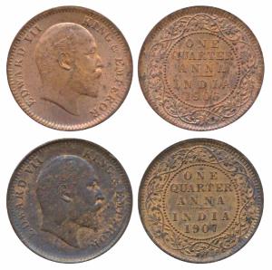 Edward VII, Copper ¼ Anna, 1906, Calcutta Mint (Prid 650); 1907, Calcutta Mint, (Prid 652)