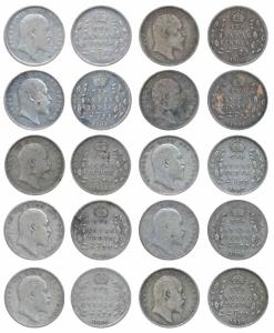 Edward VII, Silver 2 Annas (10), 1903, 1904 (2), 1905 (5), 1906 (2), 1907, 1908 & 1910. Fi