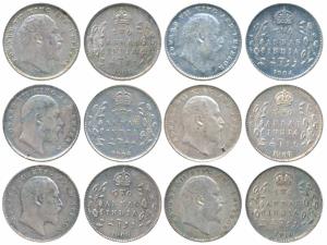 Edward VII, Silver 2 Annas (6), 1904, 1906, 1907, 1908 (2) & 1910, Calcutta Mint. Extremel