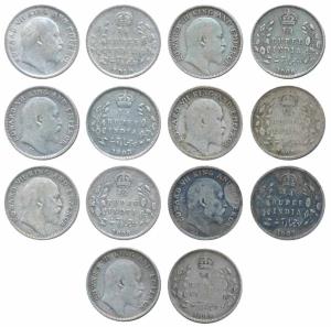 Edward VII, Silver ¼ Rupee (7), 1903, 1904, 1905, 1906, 1907, 1908 & 1910. Fine to Very Fi